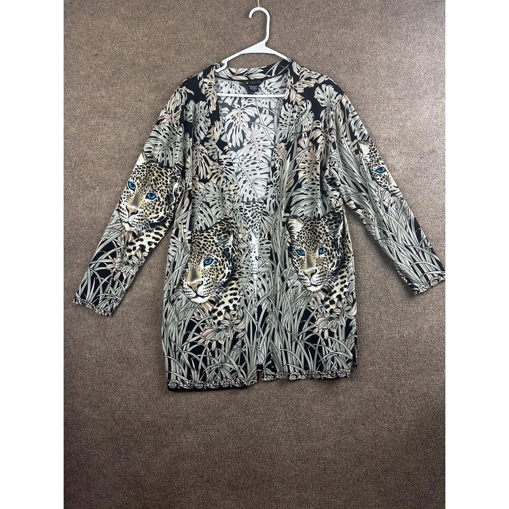 Valentina Cardigan Womens 1X Black Animal Print Open Lightweight Rhinestone